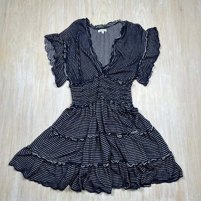 Mini Vestido Max Studio Romántico Informal Cintura con Volantes Rayas Cuello en V Calado XL Foto 1 de 4