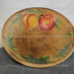 Vintage Wood Wooden Primitive Bowl Hand Painted Fruit Apple, Peach, Grapes 11" - Picture 1 of 10