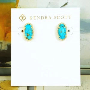 NWOT Kendra Scott Ellie Turquoise Bronze Veined Stud Earrings Gold - Picture 1 of 4