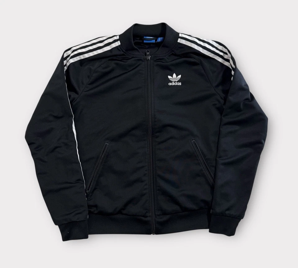 阿迪达斯田径夹克女式小号黑色白色 3 条三叶草全拉链 — 第 1/4 张图片