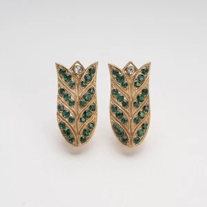 Earrings Clip On Spiga Wheat Golden Gold 14K Crystals Green White Made IN Italy - Picture 1 of 8