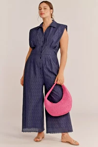 NWT ANTHROPOLOGIE EXQUISE FIONA EYELET LACE WIDE LEG JUMPSUIT NAVY BLUE PLUS 1X - Picture 1 of 8