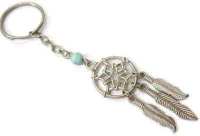 Dream Catcher Key Chain Keyring Silver Tone Simulated Turquoise Dangle Feathers - Imagem 1 de 4