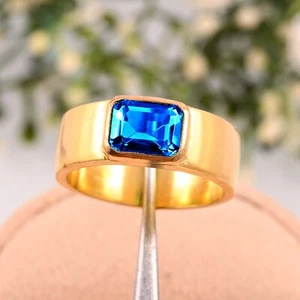 Handmade Natural Swiss Blue Topaz 14K Yellow Gold Ring Wedding Gift For Men's. - Picture 1 of 3