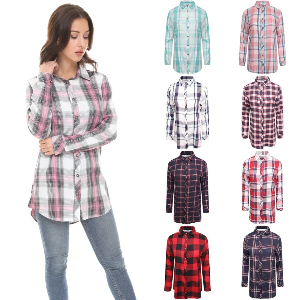 Womens Check Shirt Ladies Long Sleeve Plaid Check Summer Mini Dress UK Size 8-18 - Image 1 of 4