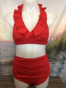 NWT Cupshe Women's Two Piece Swimsuit Size Medium Red Ruffle Underwire Halter - Picture 1 of 4