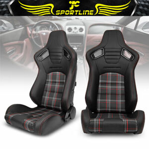 Universal Pair Reclinable Racing Seats Dual Slider PU & Carbon Leather Red Plaid