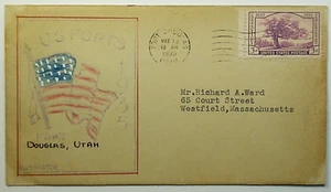 1935 US Forts Hand Painted Flag Ft. Douglas Utah to Westfield MA Fancy Cancel - Picture 1 of 2