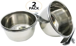 3127 Pk2 Stainless Steel 10 oz Cage Coop Clamp Bolt Cup Bird Dog Food Water Bowl - Picture 1 of 3