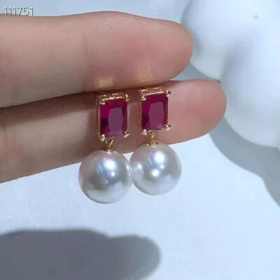 Pendientes de perlas blancas naturales del Mar del Sur de 11-10 mm oro 14k P Foto 1 de 3