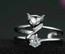 Fox Ring Adjustable Rhinestone sterling silver cuff open band 925 plt love thumb