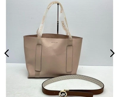 Michael Kors Rose Faux Leather Tote Bag Purse & Reversible Belt Set Brown MK - Image 1 of 4