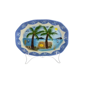Hand-Painted Ceramic Tropical Jewelry Trinket Dish With Palm Trees & Ocean Scene - Picture 1 of 14