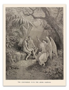 Impresión artística bíblica vintage de Gustave Doré “La conferencia con el ángel Rafael” - Imagen 1 de 4