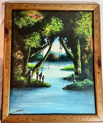 "De colección Acrílico sobre Saco Pintura de Tela Enmarcada Arte Popular Firmado Carretera 22"" x 18""" Foto 1 de 4