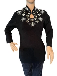 LAUREN MICHELLE Sparking Black Rib knit 3/4 Sleeve Rhinestones Beaded Sweater M - Picture 1 of 8