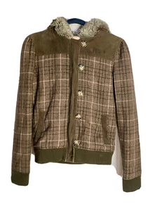 FUCHSMÄDCHEN Vintage karierte Kapuze Fellborte Wollmischung/Cord Knopf Reißverschluss 90er Jahre Jacke M - Bild 1 von 7