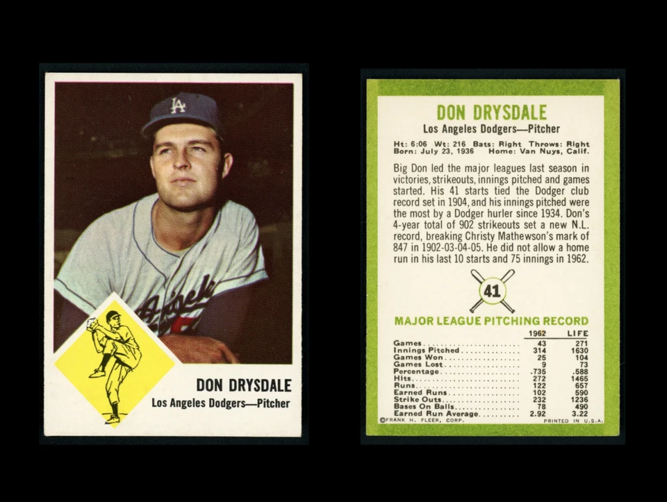 Don Drysdale 1963 Fleer (HOF) LA Dodgers #41 quase perfeito+ - Imagem 1 de 3