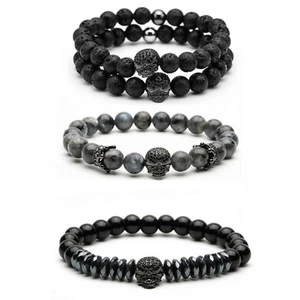 Men's Unisex Natural Gothic Punk Hematite & Skull Face Lava Stone Beads Bracelet - Picture 1 of 14