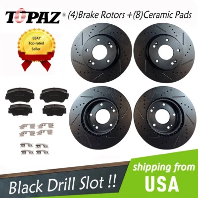 Rotores de freno de ranura de taladro negros delanteros traseros + pastillas de cerámica para Hyundai Elantra Kia Foto 1 de 4