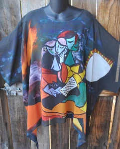 ARTIST HAND PAINTED PICASSO INSPIRED SILK CREPE DE CHINE ART TO WEAR TUNIC,OS! - Picture 1 of 5