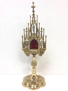 + Solid Brass Gothic Reliquary With 3 Silver Figures + Chalice Co + (#312) - Picture 1 of 19