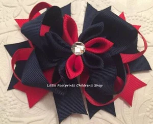 Red & Navy Flower Hair Bow with Jeweled Center 4 1/2" - Picture 1 of 1