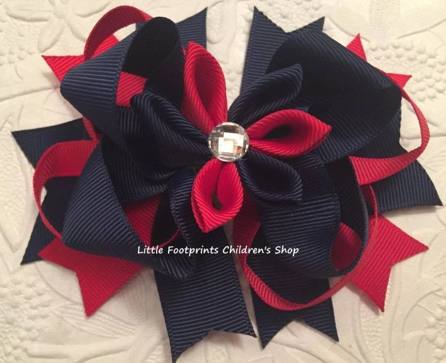 Red & Navy Flower Hair Bow with Jeweled Center 4 1/2" - Image 1 of 1