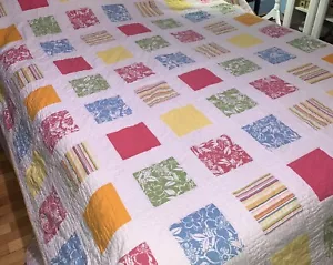 Colorful Queen Size Quilt 90”x90” Double Sided White Pink Orange Yellow (Q215) - Picture 1 of 9
