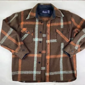 Vintage Brewster Wool Blend Flannel Brown Plaid Button Jacket Sz L - Picture 1 of 12