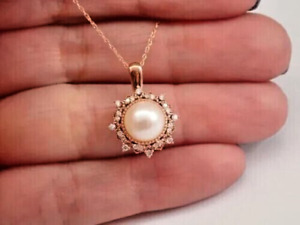 Lab Created Pearl 2.Ct Round Cut Flower Pendant 14K Rose Gold Plated Free Chain