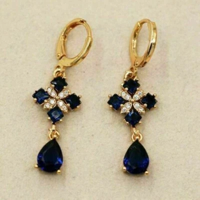 1.42 Ct Pear Sapphire Simulated Diamond Drop/Dangle Earrings Yellow Gold Plated - Image 1 of 4