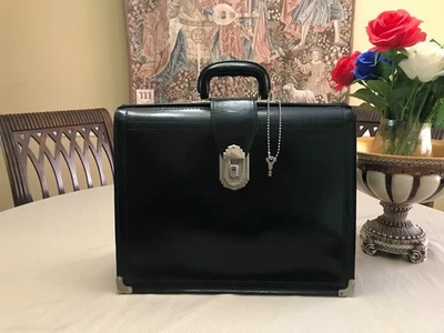 1930s DEPRESSION ERA  Thick  Black Leather Briefcase  /  Lawyer Bag with key - Image 1 of 4
