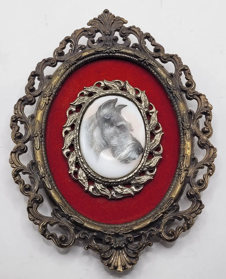 Vintage Schnauzer Dog Cameo Red Felt Back Ground Frame Made in Italy Collectible - Image 1 of 4