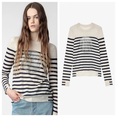 Women Zadig & Voltaire Classic Stripe Hot Fix Wool Knitted Hooded Sweater SML - Image 1 of 4