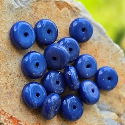 Denim Blue Old Vintage Pressed Glass Beads Stackable Rondelles | Set of 14 - Image 1 of 2