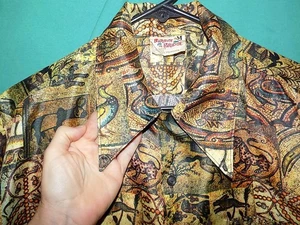 Exc! Vtg 70s BAREFOOT in PARADISE HAWAIIAN DISCO SHIRT, TOP LOOP, DAGGER, Sz L - Picture 1 of 9