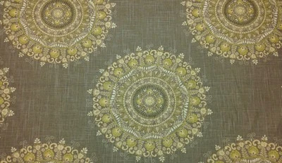 RICHLOOM MARGARITA OYSTER YELLOW SUZANI MEDALLION LINEN FABRIC BY THE YARD 54"W - Image 1 of 4