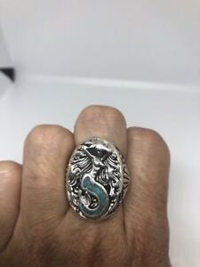 1980's Vintage Southwestern Silver Men's Turquoise Stone Inlay Mermaid 6 Ring