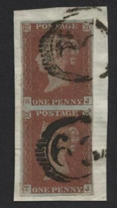 1841 1d RED BROWN PLATE 65 PAIR (SJ-TJ) LONDON NUMERAL 63 CANCELS. SG 8 - Picture 1 of 1