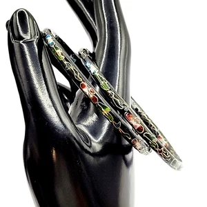 2 Cloisonné Asian Inspired  Black Dark Shiny Floral Hand Painted Bangle Bracelet - Picture 1 of 24