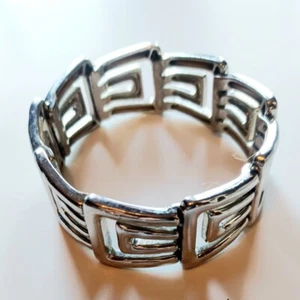 Vintage Midcentury Silberfarben Griechisches Schlüssel Design Metall Stretch Armband - Bild 1 von 3