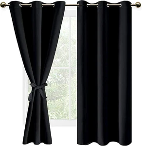 DWCN Black Blackout Curtains for Bedroom Sewn with Tiebacks - Thermal Insulated - Picture 1 of 12