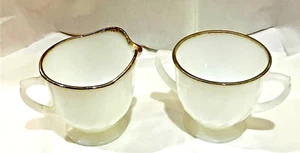 Vtg Anchor Hocking Fire King Swirl White and Gold Creamer and Sugar Bowl. MCM. - Picture 1 of 24