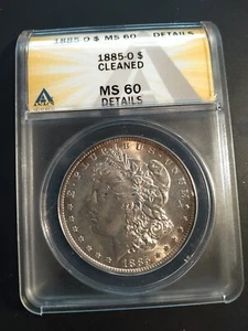 1885-O US 90% Morgan Silver Dollar ANACS Certified Slabbed MS60 Details Cleaned - Imagen 1 de 11