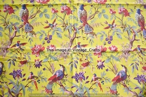Indian 5 Yard Fabric Cotton Dress Material Bird Printed Hand Block Yellow Fabric - Picture 1 of 4
