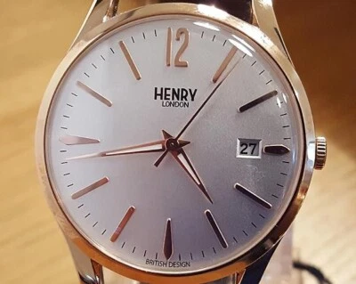 Mens Brown Leather Traditional Henry London Hampstead Rose-Gold Watch New In Box - Imagem 1 de 4