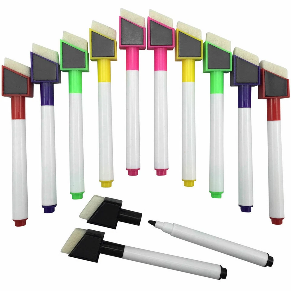 12 Magnetic White Board Marker Pen Colour Set Dry Wipe Markers Easy Wipe Shaped - Image 1 of 4