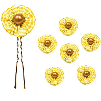 6 épingles pics cheveux chignon mariage mariée fleur rétro vichy perle jaune - Photo 1/2