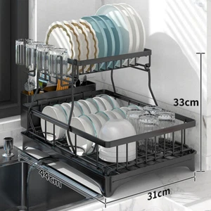Over The Sink Dish Drying Rack 2 Tier Stainless Steel Kitchen Counter Organizer - Picture 1 of 16